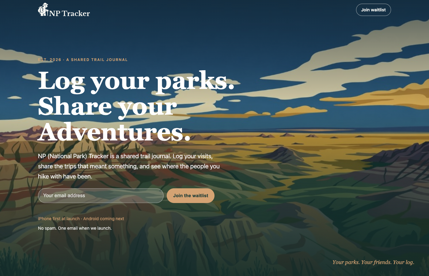 Screenshot of the NP Tracker home page showing the main hero and park discovery layout